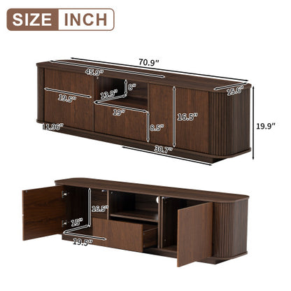 70 inch Modern TV Stand for TVs Up to 80 inch, Wood Grain Media Console with Storage, Curved Corners
