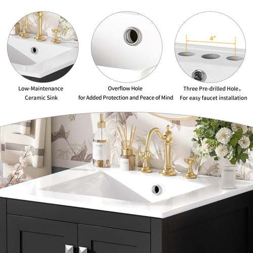 24-inch bathroom vanity with integrated undermount basin and a storage cabinet featuring 2 doors and 1 drawer. Includes double-layer door shelf, soft-close design, and versatile storage solutions