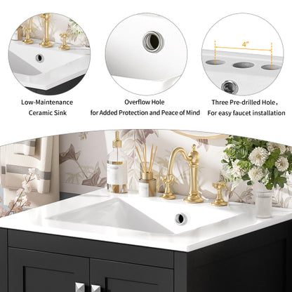 24-inch bathroom vanity with integrated undermount basin and a storage cabinet featuring 2 doors and 1 drawer. Includes double-layer door shelf, soft-close design, and versatile storage solutions