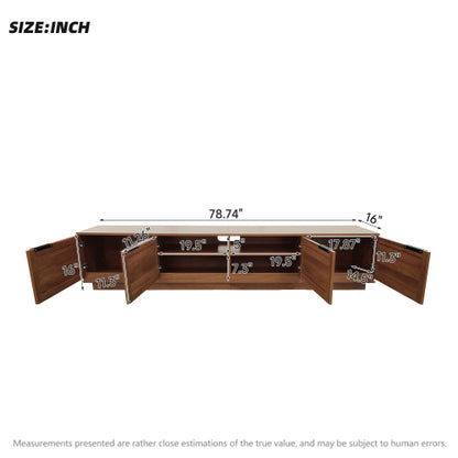 78.74 inch Walnut 4 Door PE Rattan Legless TV Stand Large Hidden Storage Media Console For 85 inch TV