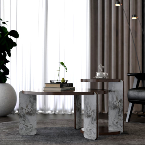 2-Piece Nesting Coffee Table Set, Walnut Veneer MDF Top with Sintered Stone Legs & Base