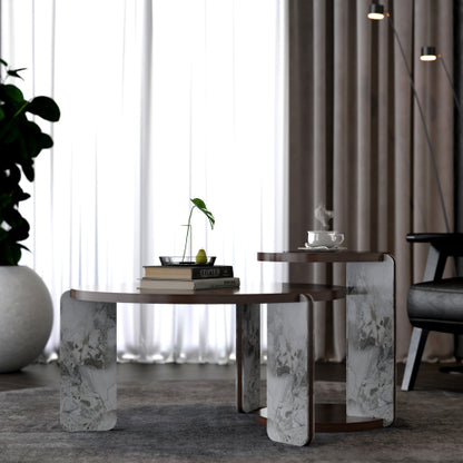 2-Piece Nesting Coffee Table Set, Walnut Veneer MDF Top with Sintered Stone Legs & Base