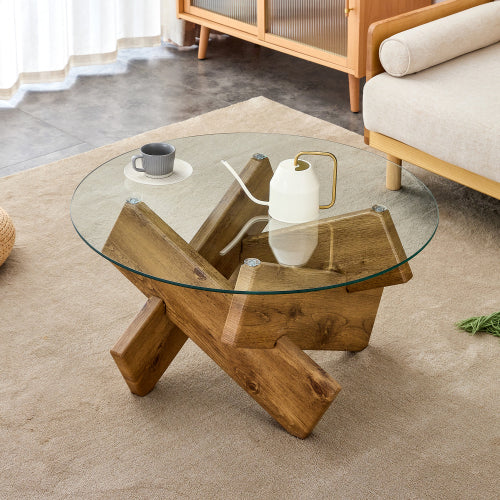 Modern Round Glass Coffee Table 33 Inch Tempered Top Wood Leg Living Room Table
