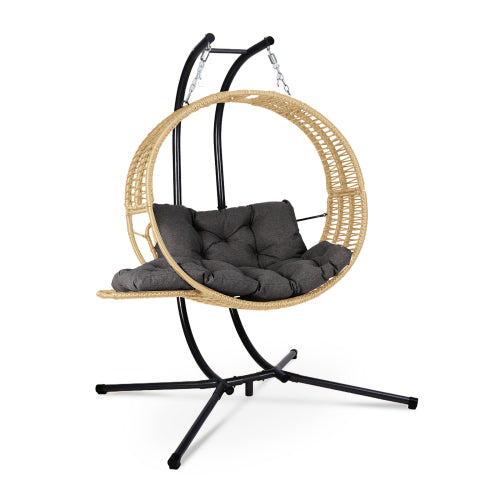 Double Hanging Egg Chair with Stand for Outdoor, Oversized 2 Person Wicker Rattan Swing Chair w/Convertible Armrest for Reclining Seat, All-Weather Cushion and Heavy Duty Frame, 700Lbs Cap. yellow