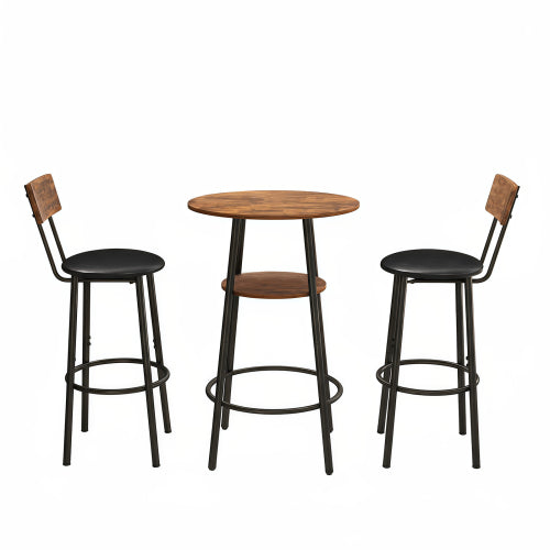 3 Pieces Round Bar Table and Chairs Set, Small Dining Table for 2 with 2-Tier Storage & 2 PU Upholstered Bar Stools for Kitchen, Dining Room, Living Room, Bar, Cafe, Small Space Corner, Rustic Brown