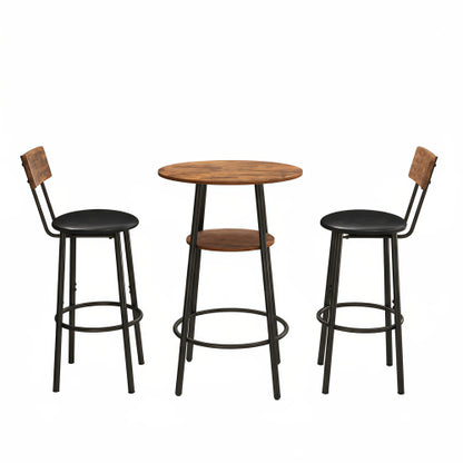 3 Pieces Round Bar Table and Chairs Set, Small Dining Table for 2 with 2-Tier Storage & 2 PU Upholstered Bar Stools for Kitchen, Dining Room, Living Room, Bar, Cafe, Small Space Corner, Rustic Brown