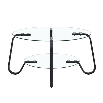 31.5 Inch Retro Double-Layer Tempered Glass Coffee Table, Metal Frame Compact Accent Table for Home Office