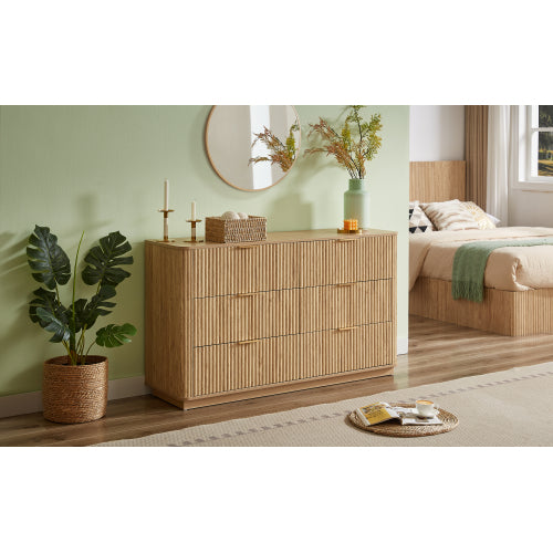 6 Drawers Dresser,55" Wide Modern Chest of Drawers Curved wave Design, Dresser TV Stand, Wood Drawer Organizer for Bedroom, Living Room, Hallway, Walnut,55.12''W x 15.75''D x 31.5''H.