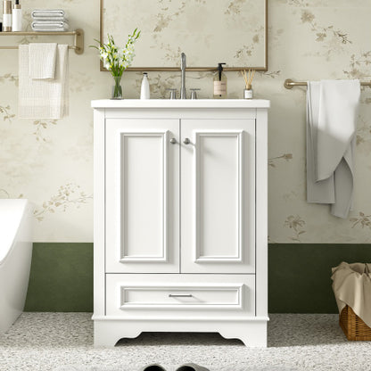 24'' Bathroom Vanity with Ceramic Sink Combo, Modern Freestanding Storage Cabinet with Silver Handles, Soft Closing Doors