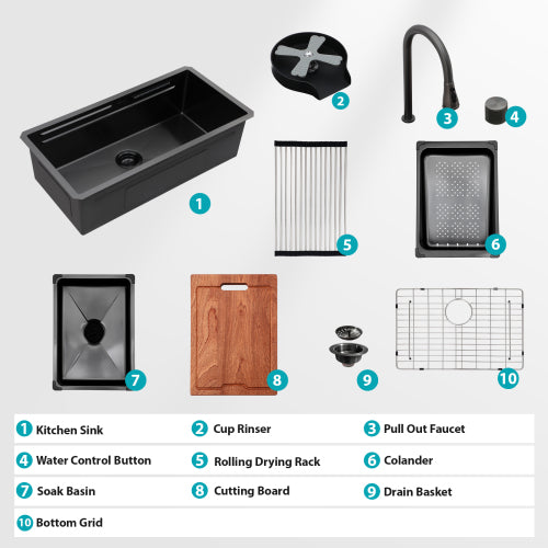 33" Undermount Waterfall Gunmetal Black Kitchen Sink - 33 x 16.72 x 10 inch Single Bowl 16 Gauge Stainless Steel Ledge Workstation Kitchen Sinks with Pull-Down Faucet & Cup Washer