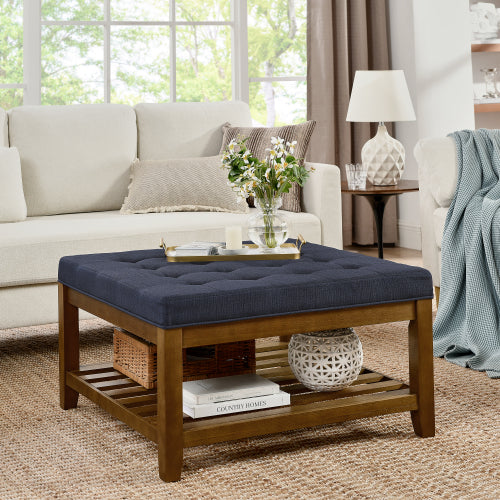 33.5 inch Navy Blue Tufted Linen Square Ottoman Coffee Table, Beech Wood Frame Storage Footrest Stool