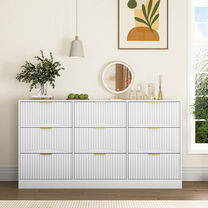 White 9 Drawer Dresser, 63" Large Deep Chest of Drawers, Wooden Dresser Storage Cabinet with 9 Drawers for Bedroom, Long Dressers for Living Room, Hallway, Drawer panel with wavy patterns