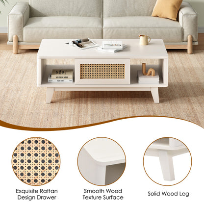Coffee Table, Mid Century Living Room Tables with Storage, Modern Square with Rattan Drawer, Wooden Living Room Table with Solid Wood Leg