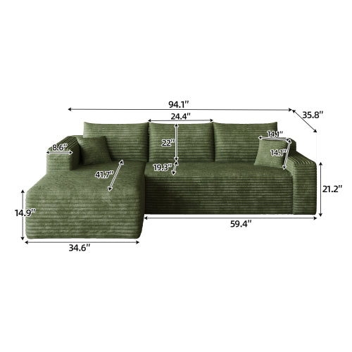 95 inch  Green Plush Corduroy U-Shaped Cloud Modular Sofa, No Assembly