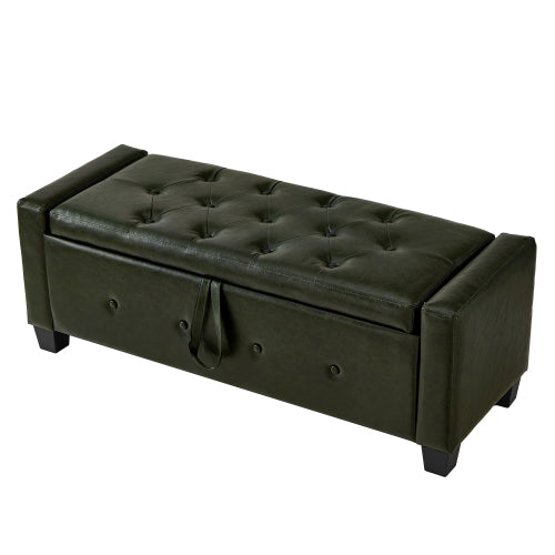 48'' Storage Ottoman Bench Tufted Faux Leather Upholstered Bench Dark Green