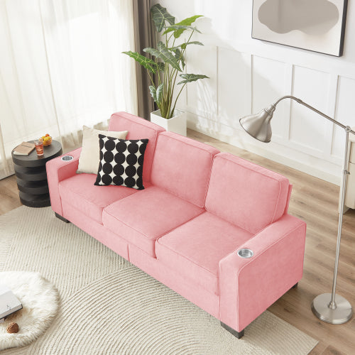 Pink 83.86-Inch Modern Compressed 3-Seater Snow-Fleece Sofa with Dual-Side Cup Holders