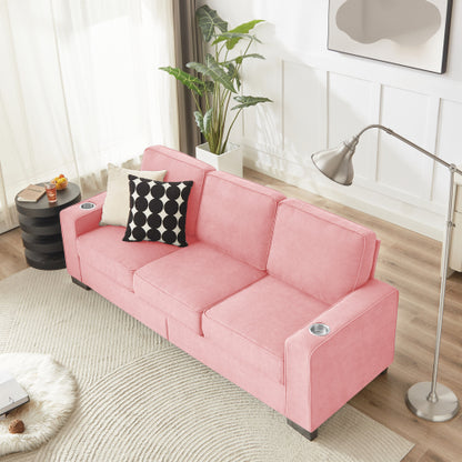 Pink 83.86-Inch Modern Compressed 3-Seater Snow-Fleece Sofa with Dual-Side Cup Holders
