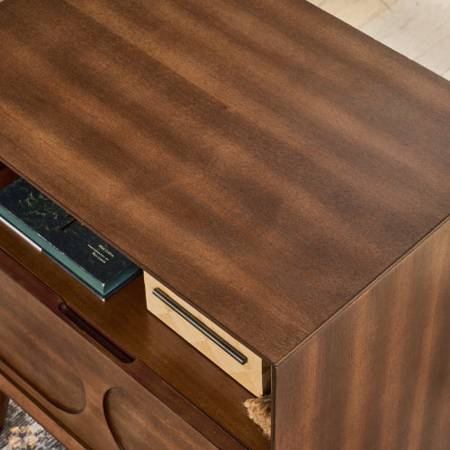 Mid Century Modern Fluted Nightstand with Charging Station USB Ports & Outlet Hole & 4 Solid Wood Legs, Farmhouse End Table with Open Space and Drawer Dresser, Walnut