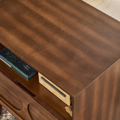 Mid Century Modern Fluted Nightstand with Charging Station USB Ports & Outlet Hole & 4 Solid Wood Legs, Farmhouse End Table with Open Space and Drawer Dresser, Walnut