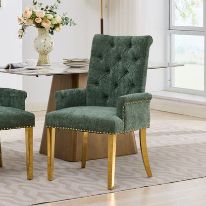 Tufted Chenille Dining Armchair with Nailhead Trim and Steel Legs, Olive Green