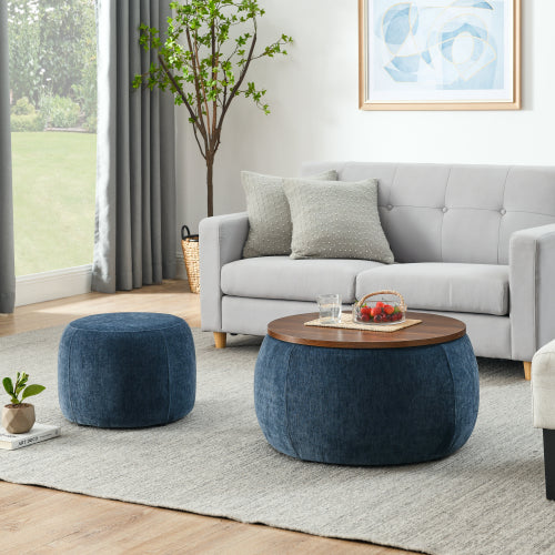Dark Blue Round Pleated Fabric Storage Ottoman, Includes Matching Small Stool, 250 LBS Load Capacity, 25 inch x25 inch x14.7 inch