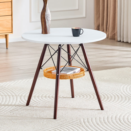 31.5 Inch Round Coffee Table with Woven Basket, White & Walnut