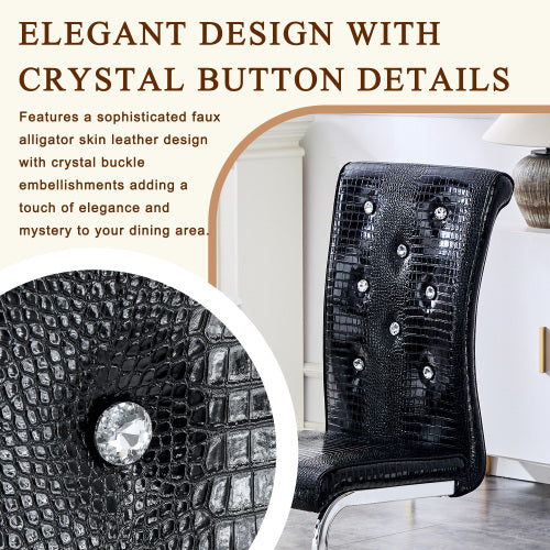 Set of 2 Retro Faux Alligator Skin Dining Chairs, PVC Leather Chairs with Crystal Buckle & Electroplated Metal Legs