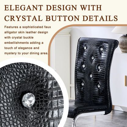 Set of 2 Retro Faux Alligator Skin Dining Chairs, PVC Leather Chairs with Crystal Buckle & Electroplated Metal Legs