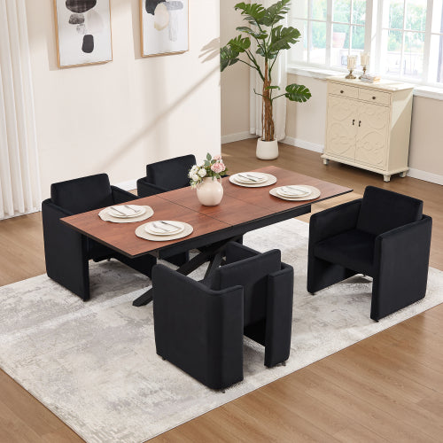 Velvet Upholstered Barrel Dining Armchair with Wood Frame, Black