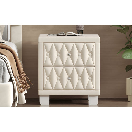 Elegant Velvet Nightstand with 2 Drawers and Crystal Handle, Storage Bedside Table with Button-Tufted, Beige