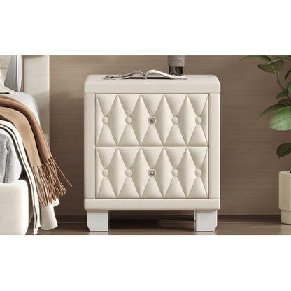 Elegant Velvet Nightstand with 2 Drawers and Crystal Handle, Storage Bedside Table with Button-Tufted, Beige