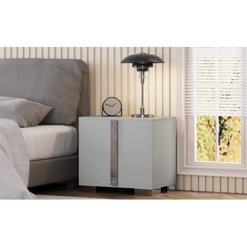 Modern End Table with Drawers, Elegant Nightstand with Metal Foot,Wood Bedside Table with Mirrored Metal Handles,Sofa Side End Table for Bedroom Living Room Office,Grey