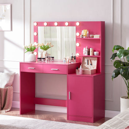 Rose Pink Vanity Desk with Mirror & Lights, 46.4IN Dressing Table, 2 Large Drawers & Vertical Organizer, 3 Lighting Modes