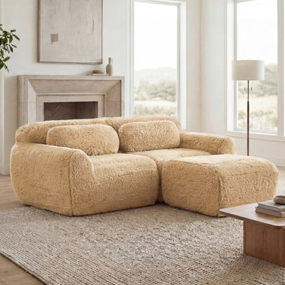 Light-Khaki L-Shape Plush Boneless Modular Sofa with Chaise Pillows