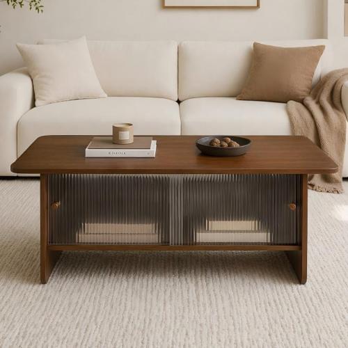 47inch  Rectangular Coffee Table with Fluted Glass Doors, Walnut