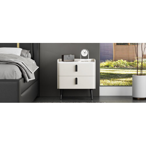 Nightstand with 2 Drawers, Night Stand with Marble-Pattern Tabletop, Modern Beside Table for Bedroom, End Table for Living Room, White