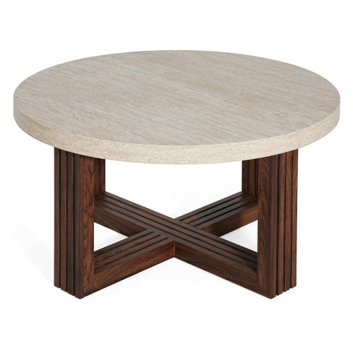 31.5inch  Round Coffee Table Marble Pattern Top Wood Grain Base Modern Accent