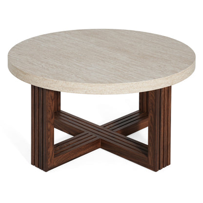 31.5inch  Round Coffee Table Marble Pattern Top Wood Grain Base Modern Accent