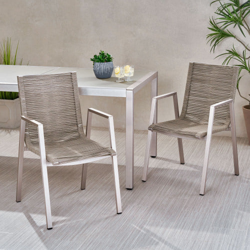 Outdoor Modern Aluminum Dining Chair with Rope Seat (Set of 2), Silver and Taupe