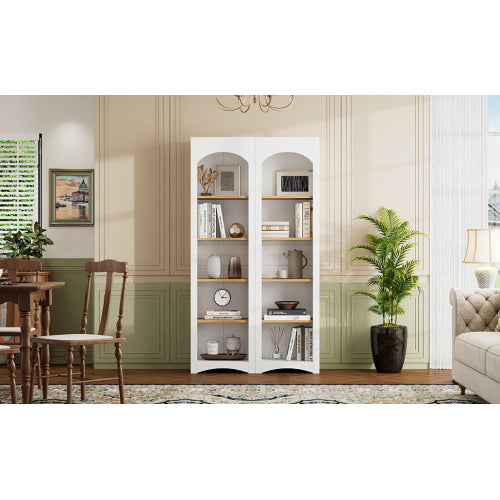72''H White Farmhouse 5-Tier Combined Bookshelf Adjustable Shelf Home Pantry Storage Cabinet Set