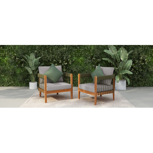 [Set of 2] Acacia Wood Outdoor Club Chair with Handwoven Rope Accents & Curved Backrest - Water-Resistant Boho Patio Lounge Chair with Removable Cushions for Porch, Garden