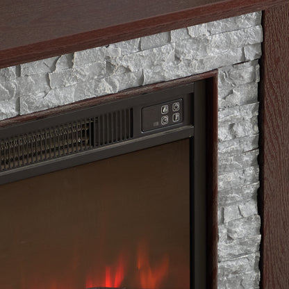 70 Inch TV Stand with Electric Fireplace Cherry Faux Stone Media Console