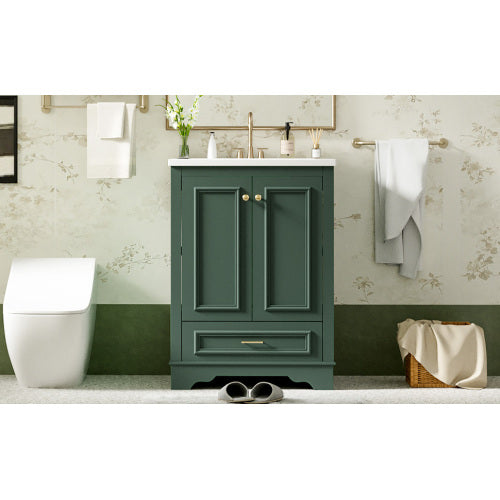 24'' Bathroom Vanity with Ceramic Sink Combo, Modern Freestanding Storage Cabinet with Silver Handles, Soft Closing Doors