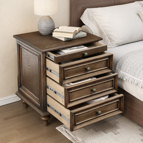Walnut Brown Farmhouse Nightstand, 4 Drawers with Pull-Out Tray & Solid Wood Legs