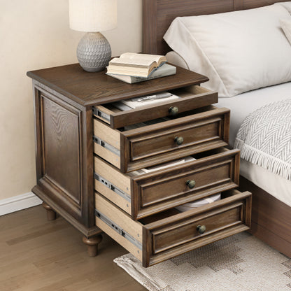 Walnut Brown Farmhouse Nightstand, 4 Drawers with Pull-Out Tray & Solid Wood Legs