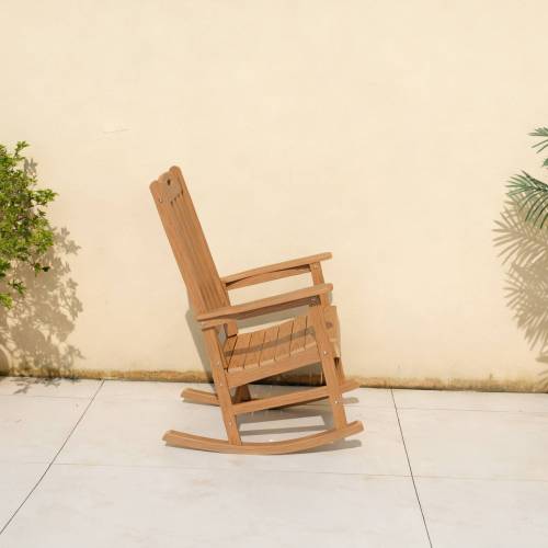 Rocking chair teak color, suitable for all seasons: Outdoor lounge chair, made of sturdy HIPS material, equipped with 304 stainless steel accessories.