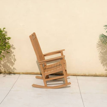 Rocking chair teak color, suitable for all seasons: Outdoor lounge chair, made of sturdy HIPS material, equipped with 304 stainless steel accessories.