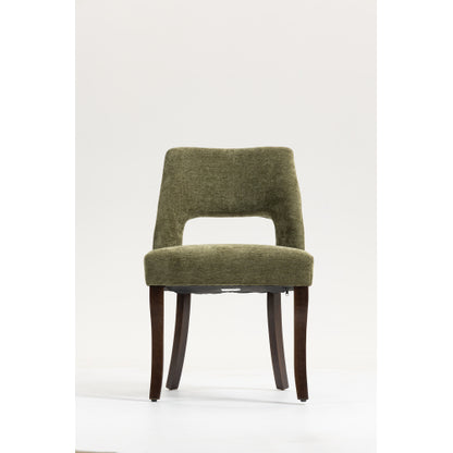 Set of 2 Green Tufted Chenille Dining Chairs, Curved Rubberwood Legs 300lbs Capacity Space Saving Design