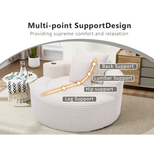 White Round Memory-Foam Sofa Bed with 3 Pillows & Cup Holder