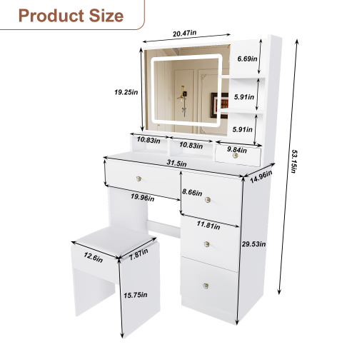 Fashion Vanity Desk w/ 3-Color Dimmable LED Mirror, 4 Silent Sliding Drawers, Open Storage Shelf, White